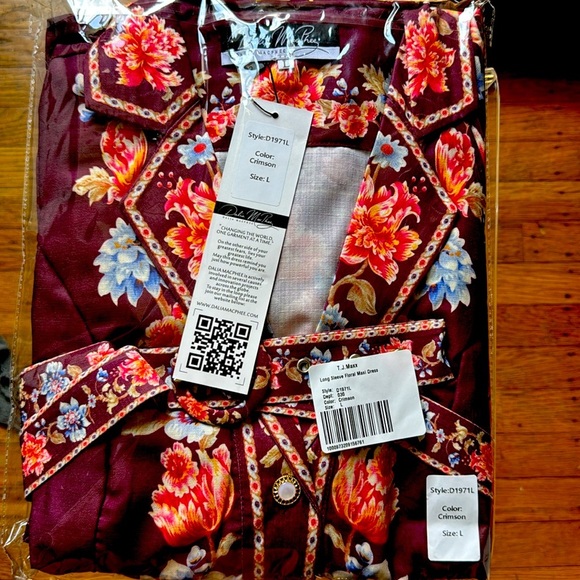 NWT$250 Dalia MacPhee Long Sleeve Maxi Belted Burgundy Floral Shirt Dress LARGE - Picture 8 of 12